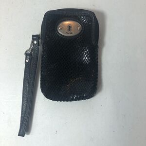 Fossil Credit Card Holder Wristlet Bag Black Snake Print 5"x3.5" C2‎